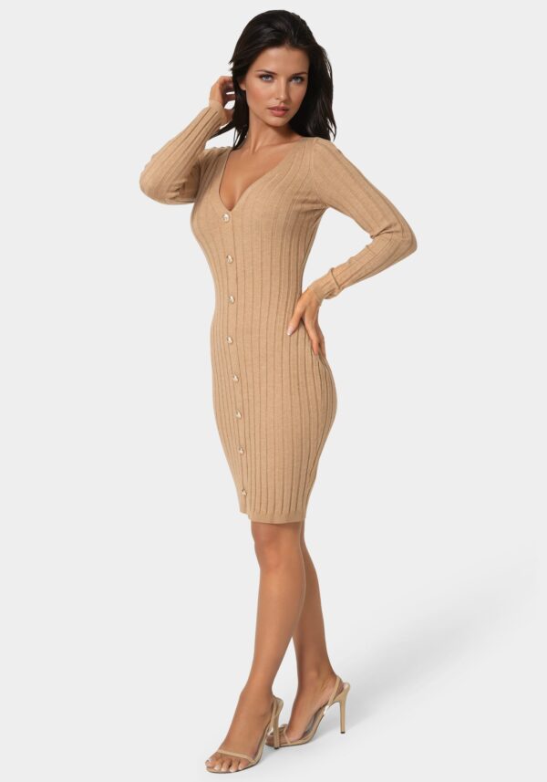 bebe2110_camel_2_ac2650e1-c50e-4107-bde1-9190302f45b0 V-Neck Cardigan Midi Dress