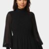 bebe2152_black_4_20c58a8a-40b4-4124-8799-7145382538bb Long Sleeve Mock Neck Chifon Smocked Mini Dress